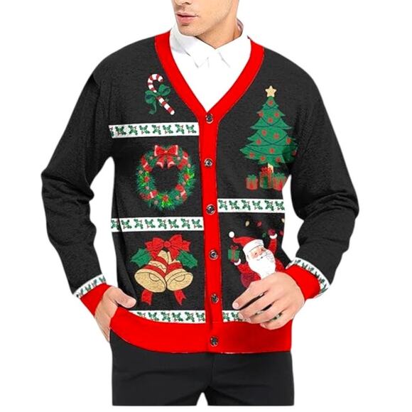Men's Size XL Christmas Black and Red Cardigan Themed Pictures & Holly - Picture 1 of 9